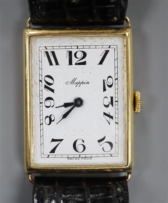 A gentlemans 1930s? 9ct gold manual wind rectangular wrist watch, retailed by Mappin, with tumbling Arabic numerals,